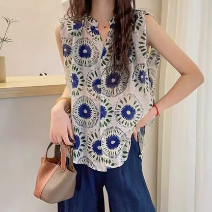 期間限定⭐️60%OFF【トップス】ボヘミアン リゾート風 レトロ ノースリーブシャツ レディース  夏新作 軽量 通気性 ウエストマーク 体型カバー ナチュラル カジュアル サマートップス【SHシリーズ】