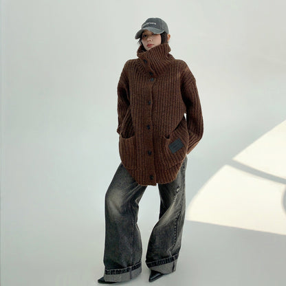 【アウター】春 秋 冬 厚手 スタンドカラー ゆったり ニット ジャケット 【FCシリーズ】