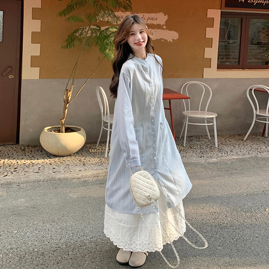 2点セット！【セットアップ】ハイセンス ストライプワンピース+スカート セット レディース 春秋 韓国風 優しげムードの絶美コーデ【JZシリーズ】