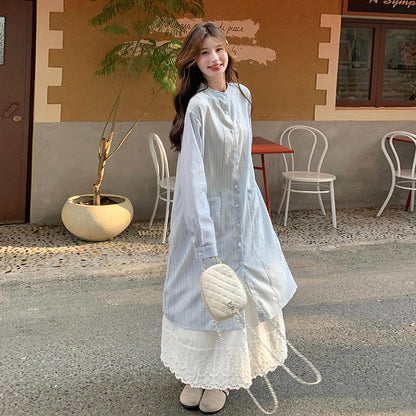 2点セット！【セットアップ】ハイセンス ストライプワンピース+スカート セット レディース 春秋 韓国風 優しげムードの絶美コーデ【JZシリーズ】