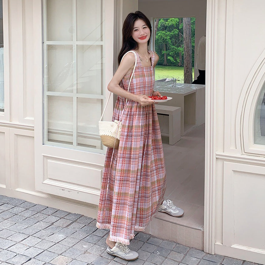 【ワンピース】チェック柄 キャミワンピース レディース 夏 ハイウエスト ノースリーブ ロングワンピース ゆったり 体型カバー 人気 フレンチ風【SHシリーズ】