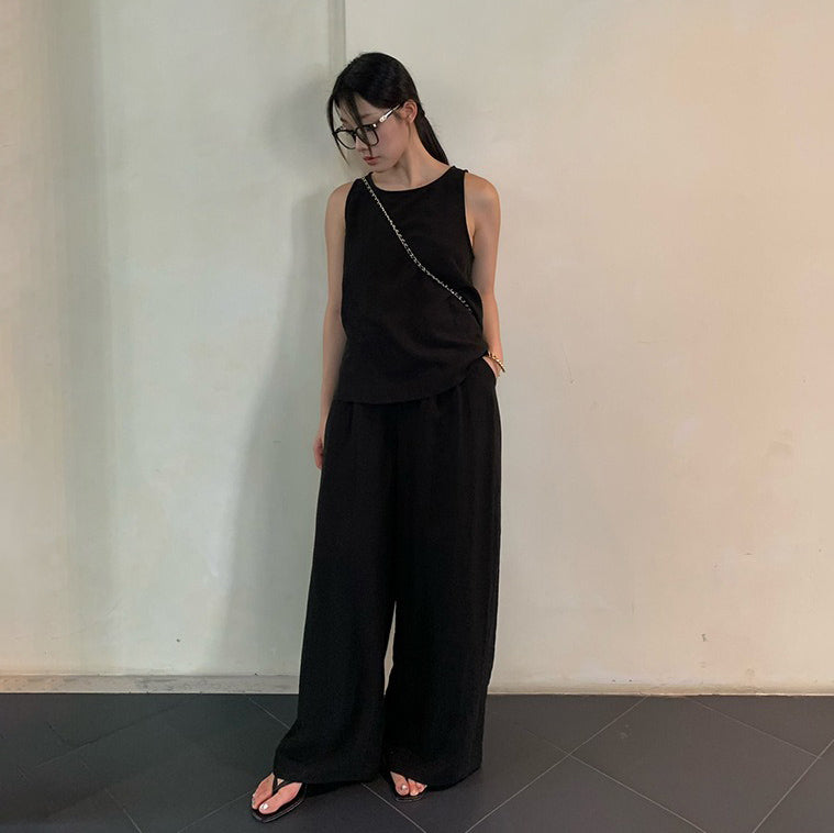 2点セット【セットアップ】夏 シンプル 通勤 タンクトップ＋テンセル ワイドレッグパンツ 上下セットアップ【SNシリーズ】