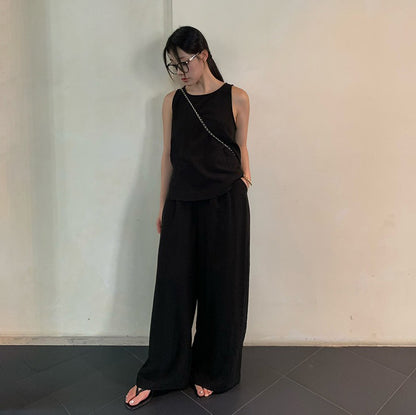 2点セット【セットアップ】夏 シンプル 通勤 タンクトップ＋テンセル ワイドレッグパンツ 上下セットアップ【SNシリーズ】