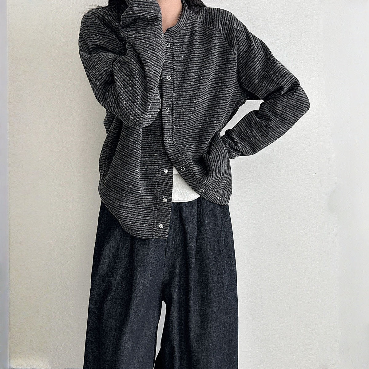 【アウター】春 秋 冬 起毛 ストライプ柄 カーディガン ジャケット【SNシリーズ】