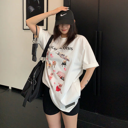 【トップス】Tシャツ レディース コットン100% カートゥーン アブストラクトプリント オーバーサイズ ヴィンテージ風 半袖【FCシリーズ】