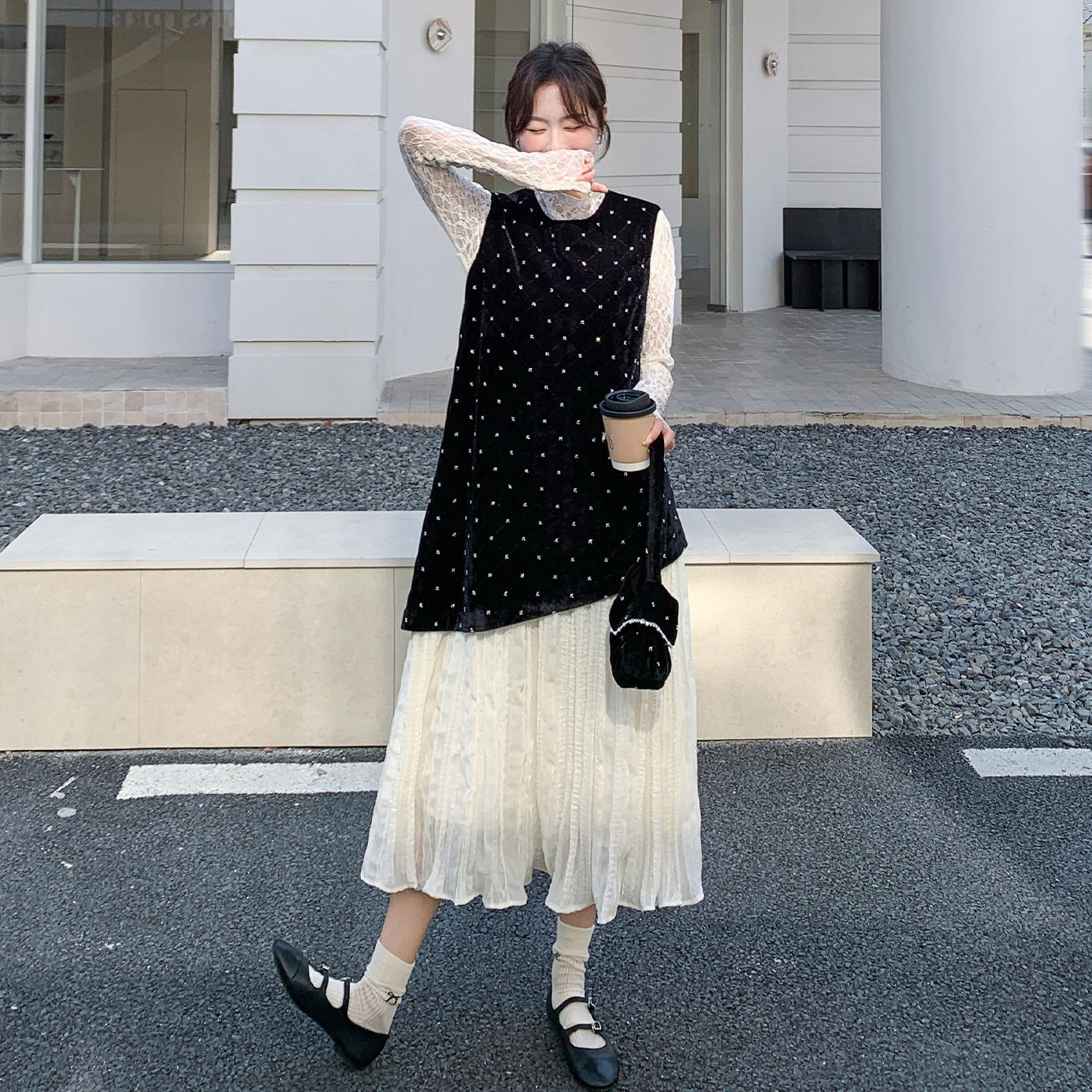 2点セット【セットアップ】フレンチ 高級感 ドット柄  セットアップ 2026春新作 レース切替 キャミワンピース＆インナーレディース【SHシリーズ】