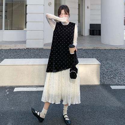 2点セット【セットアップ】フレンチ 高級感 ドット柄  セットアップ 2026春新作 レース切替 キャミワンピース＆インナーレディース【SHシリーズ】