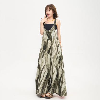 【ボトムス】ゆったりカジュアル オーバーサイズ 夏新作 Vネックストライプオールインワン【SHシリーズ】