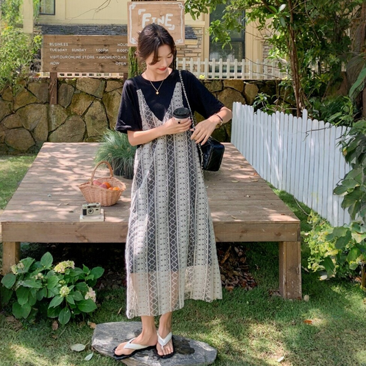 【ワンピース】レース編み ヘップバーン風 フェイクツーピース 【SHシリーズ】