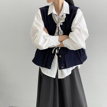 【トップス】レイヤードコーデ 秋 ヴィンテージデニムベスト レディース ポケット付き ゆったり カジュアル着回し ベストジャケット【JZシリーズ】