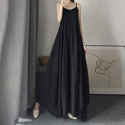 【洋裝】夏季新品：復古寬鬆顯瘦素色無袖連身裙