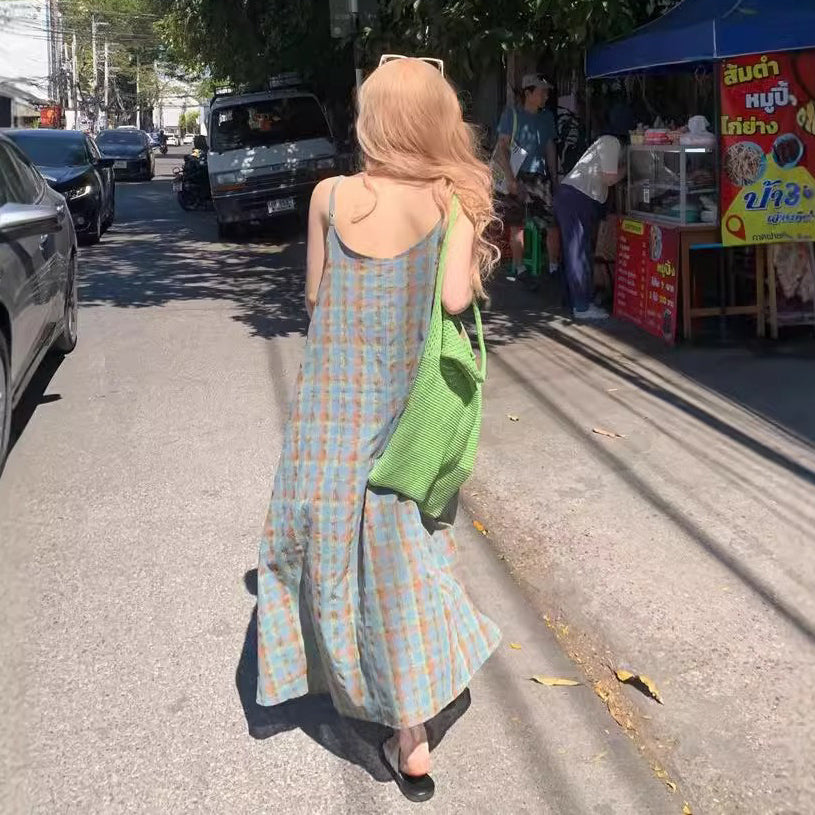 【ワンピース】大きいサイズ 気質 リゾート風 チェック柄 ノースリーブ キャミワンピース【SHシリーズ】