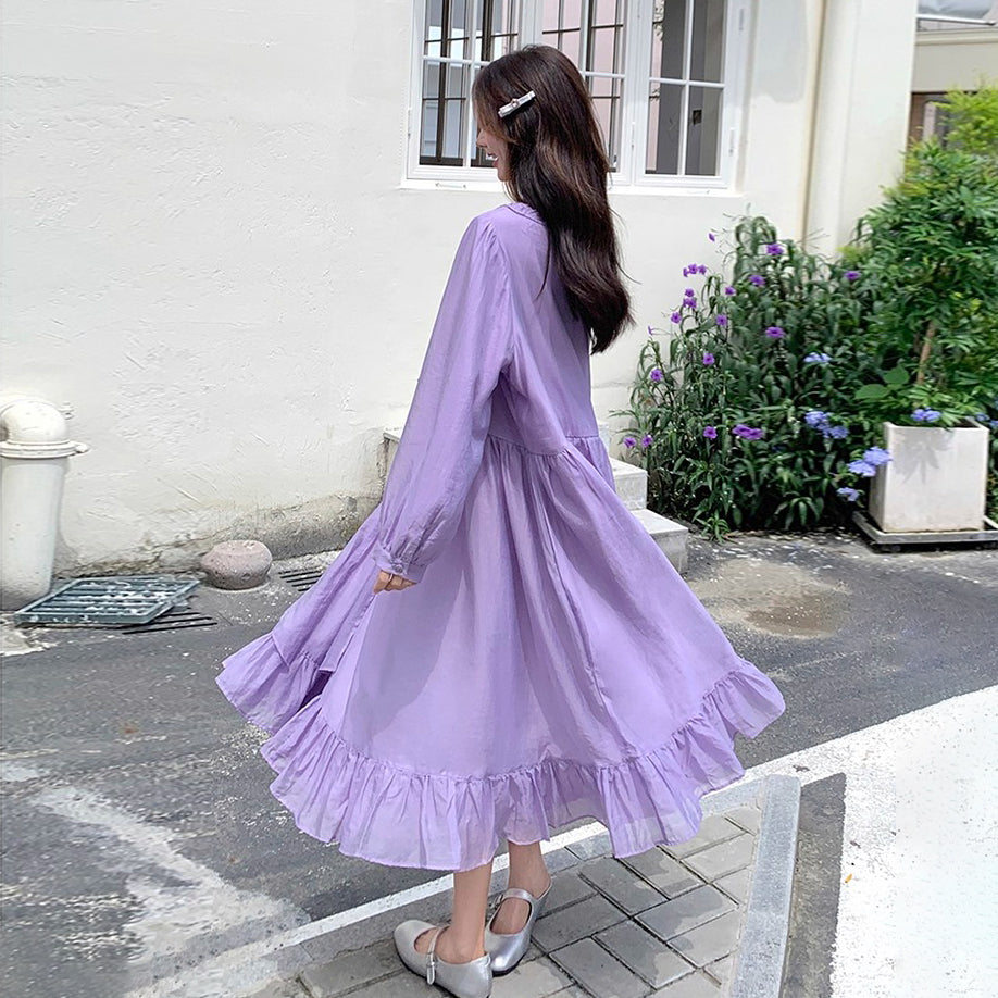 【ワンピース】フレンチ風パープルワンピース レディース 長袖 ロング丈 春夏秋 柔らかい雰囲気【JZシリーズ】