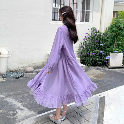 【ワンピース】フレンチ風パープルワンピース レディース 長袖 ロング丈 春夏秋 柔らかい雰囲気【JZシリーズ】