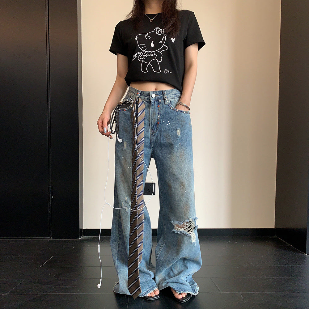 【ボトムス】デニムパンツ レディース ダメージ加工 ストーン装飾 ワイドパンツ ヴィンテージ風 カジュアル【FCシリーズ】