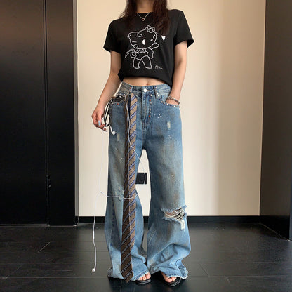 【ボトムス】デニムパンツ レディース ダメージ加工 ストーン装飾 ワイドパンツ ヴィンテージ風 カジュアル【FCシリーズ】