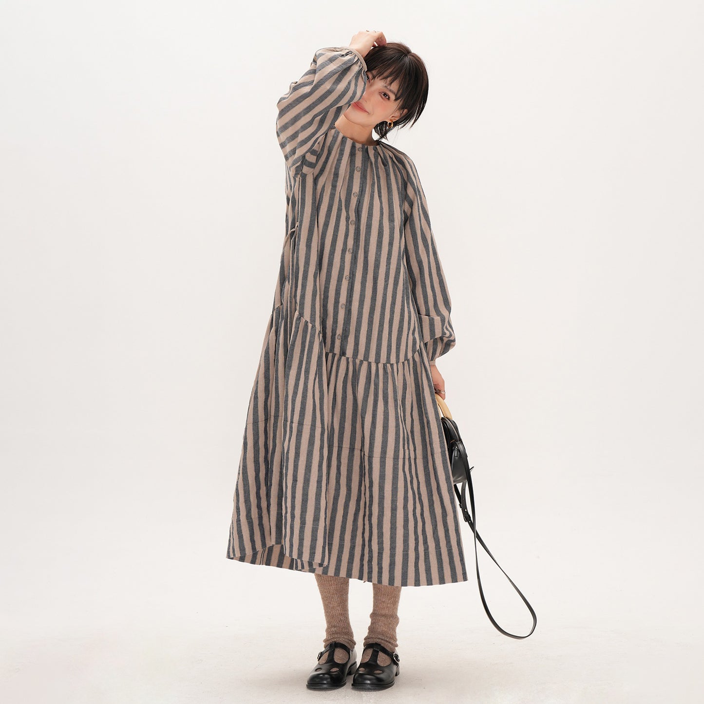 【ワンピース】ストライプ ワンピース 秋 オリジナル 日本風 ゆったり ミディアム丈 長袖 ロングワンピース【SHシリーズ】【JZシリーズ】【15-25日発送】