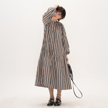 【ワンピース】ストライプ ワンピース 秋 オリジナル 日本風 ゆったり ミディアム丈 長袖 ロングワンピース【SHシリーズ】【JZシリーズ】【15-25日発送】