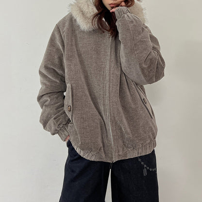 【アウター】ヴィンテージ フード 中綿ジャケット レディース 秋冬 裏起毛 保温 オーバーサイズ ジップアップ【FCシリーズ】【20～25日内発送】