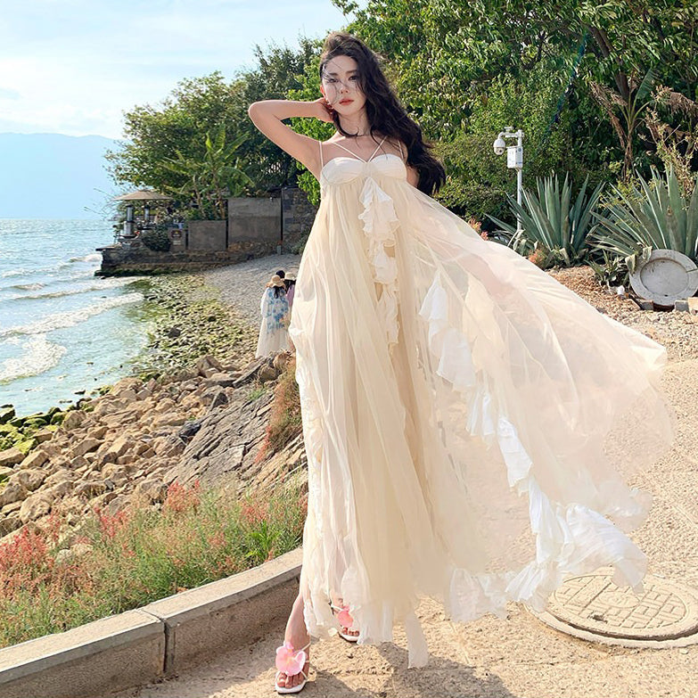 【ワンピース】フリル キャミワンピース レディース 夏 パープル ロングワンピース フェミニン ガーリー リゾート 沖縄旅行【SHシリーズ】