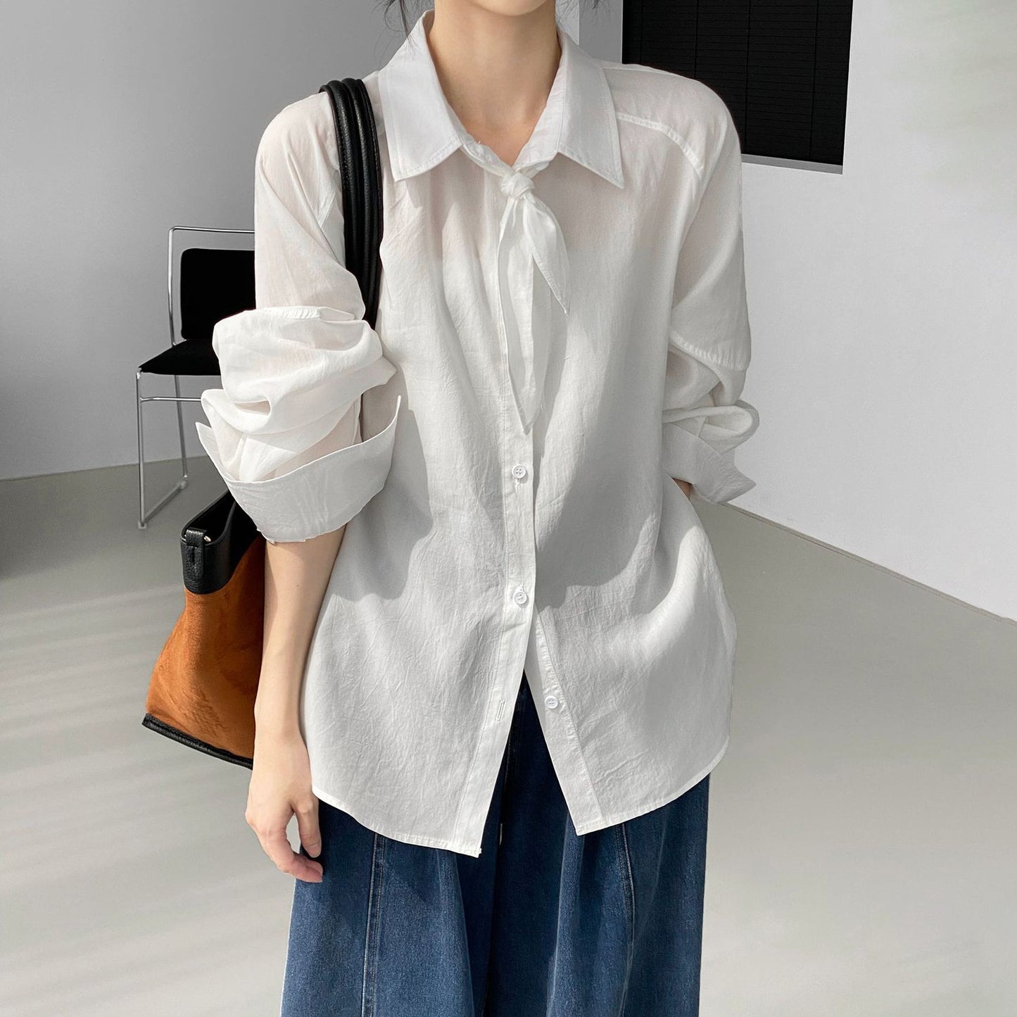 【トップス】韓国風 おしゃれ感 100％リヨセル ゆったりシャツ レディース リボン付きブラウス【JZシリーズ】