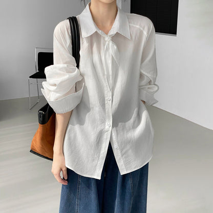 【トップス】韓国風 おしゃれ感 100％リヨセル ゆったりシャツ レディース リボン付きブラウス【JZシリーズ】