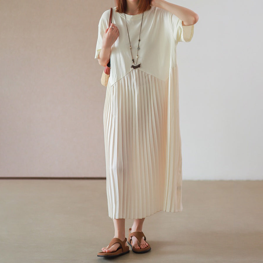 【ワンピース】シンプル ゆったりカジュアル プリーツ 半袖ワンピース【JZシリーズ】