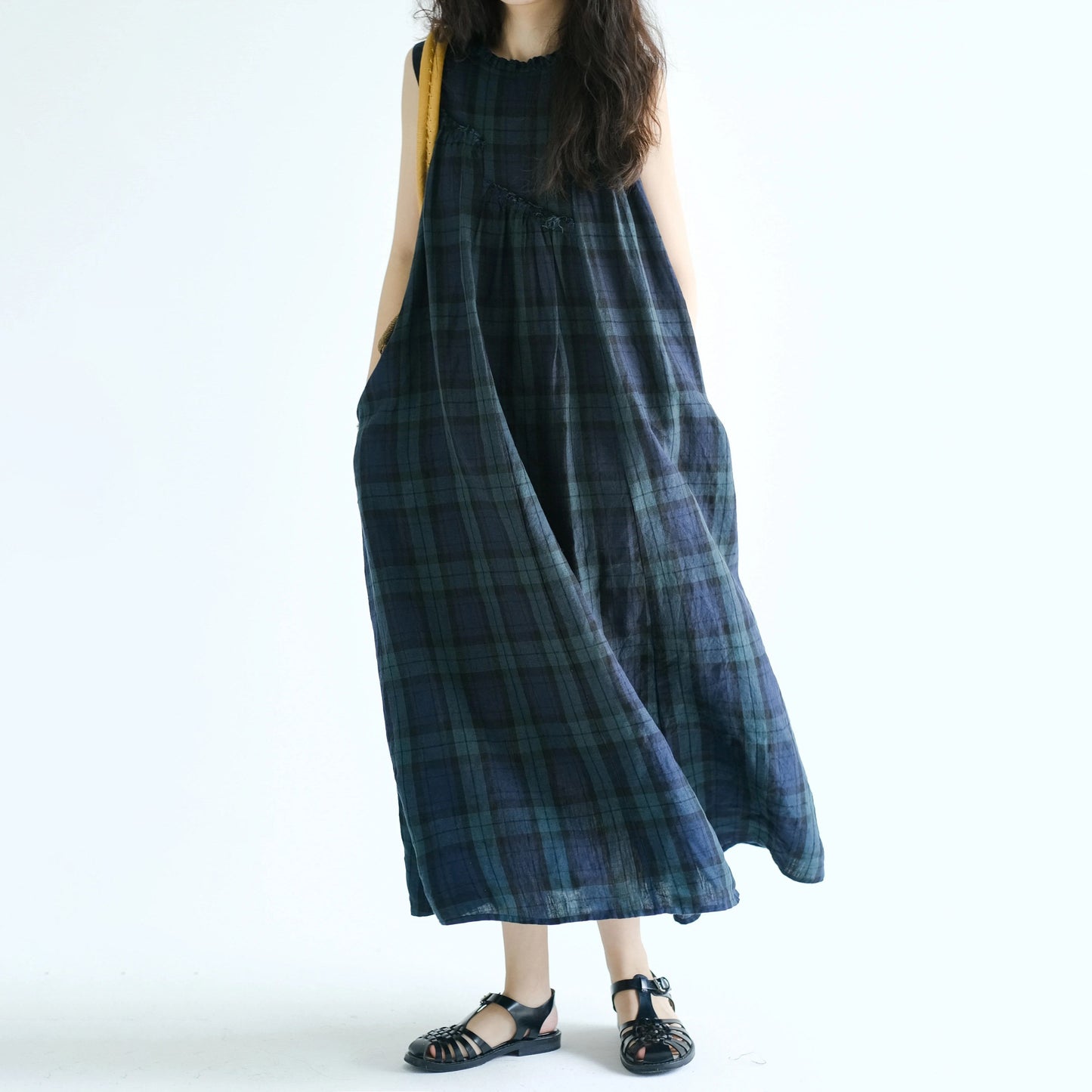 【ワンピース】チェック柄ノースリーブワンピース レディース 夏 大きいサイズ フリル切替 ゆったり ロング丈【JZシリーズ】