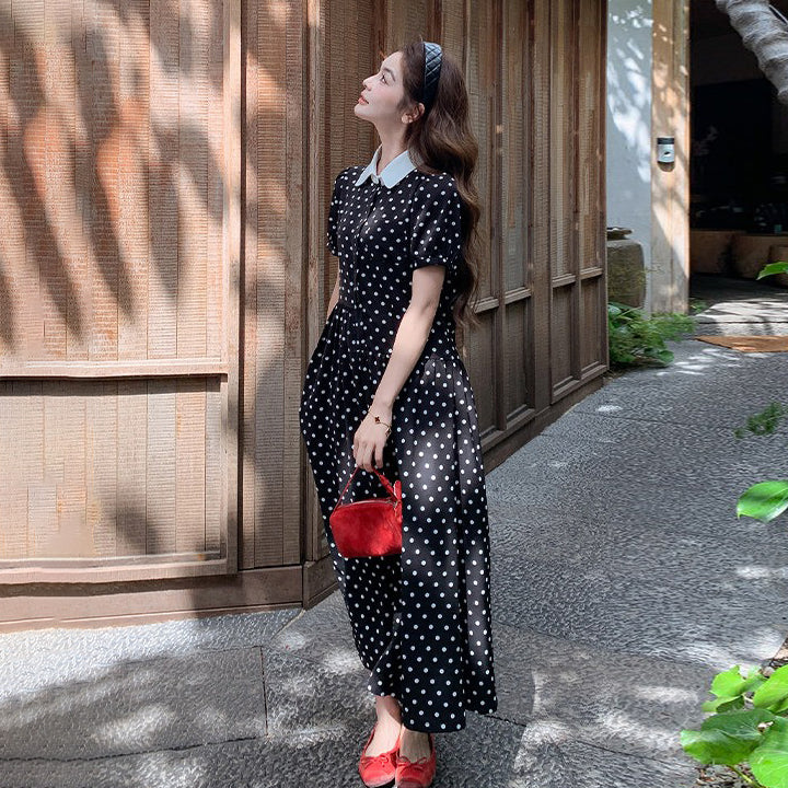 【ワンピース】フレンチ風 ドット柄ワンピース レディース 夏 黒 襟付き ノースリーブ 大人可愛い フェミニン【JZシリーズ】