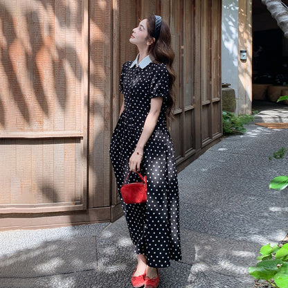 【ワンピース】フレンチ風 ドット柄ワンピース レディース 夏 黒 襟付き ノースリーブ 大人可愛い フェミニン【JZシリーズ】