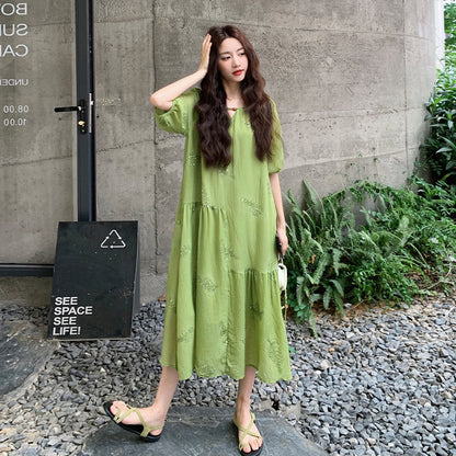 【ワンピース】森系 重工刺繍 パフスリーブ 夏 フレンチ風 半袖ワンピース【SHシリーズ】