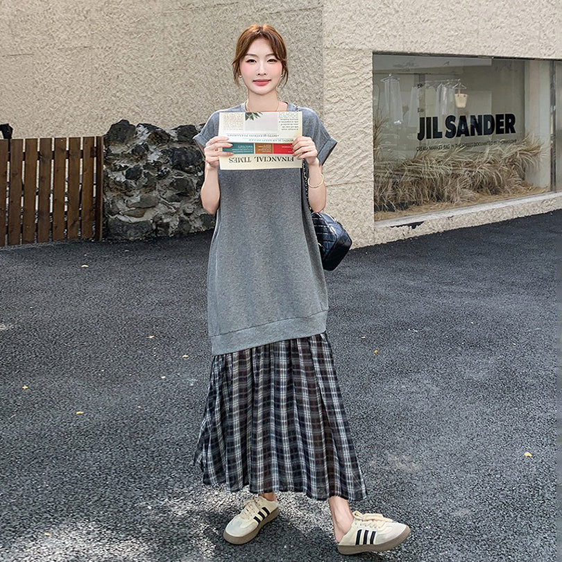 【ワンピース】夏新作 チェック切り替え風 フェイクレイヤード スリム見え 半袖ワンピース【SHシリーズ】