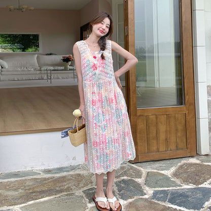 2点セット！【セットアップ】今年のトレンド 油絵プリントワンピース＋メッシュワンピース 高級感 レイヤード 2点セット【SHシリーズ】