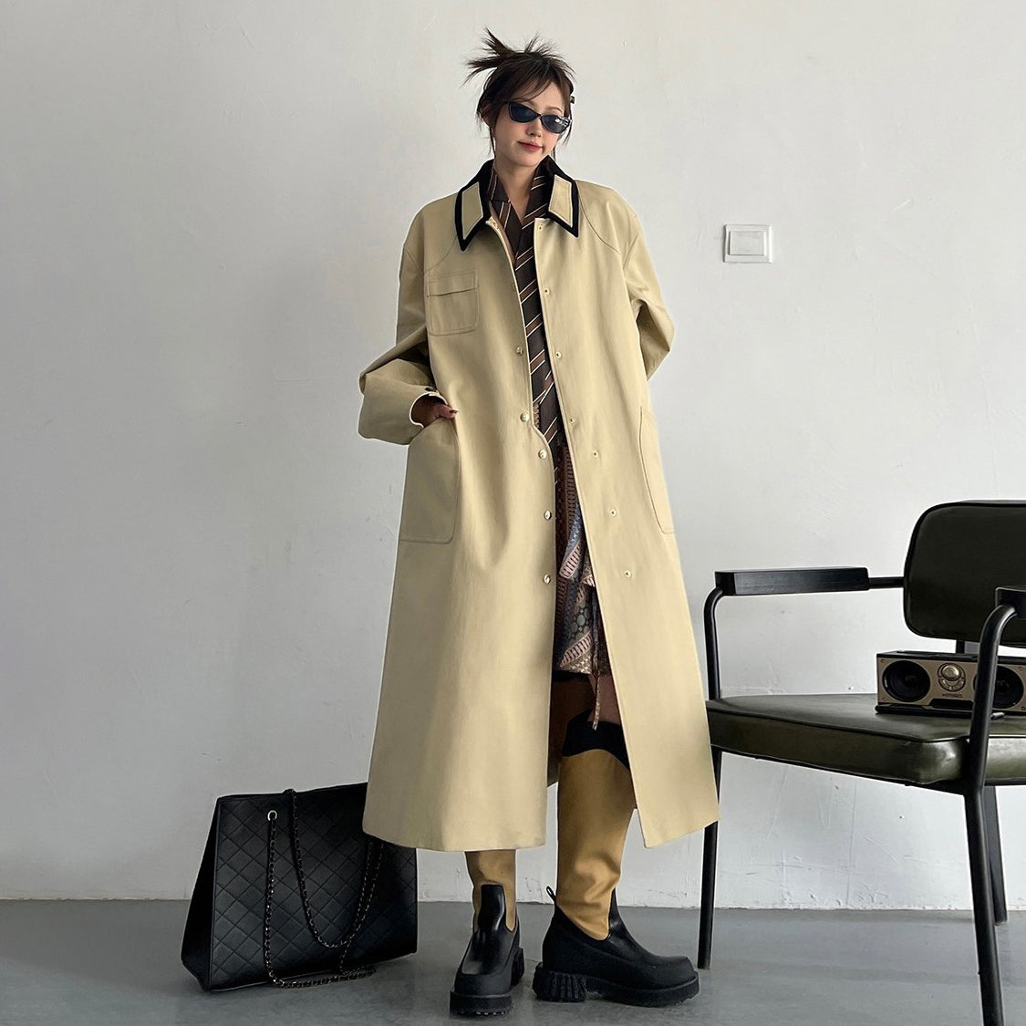 【アウター】春秋新作 INS風 ミドル丈 デザイン感 不規則 カーキ トレンチコート レディース【FCシリーズ】
