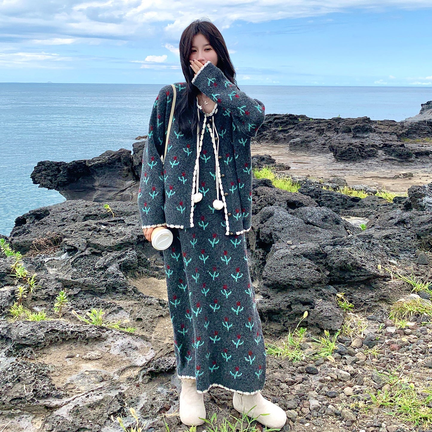 【セットアップ】花柄 ニットノースリーブワンピース + カーディガン セットアップ レディース 春秋 上品可愛い おしゃれ 2点セット【SHシリーズ】