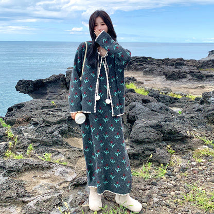 【セットアップ】花柄 ニットノースリーブワンピース + カーディガン セットアップ レディース 春秋 上品可愛い おしゃれ 2点セット【SHシリーズ】