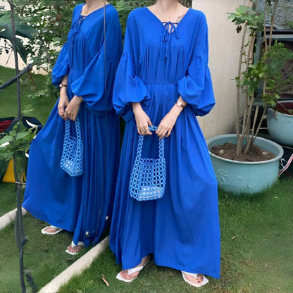 【ワンピース】全10色 韓国風 ゆったりバルーンスリーブ 大きいサイズ  長袖ワンピース