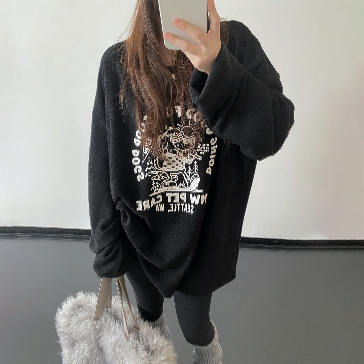 【トップス】子犬パイルプリント 裏起毛 クルーネック ゆったりスウェット 春秋冬 パーカー【FCシリーズ】