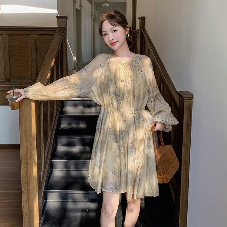 【ワンピース】ぼかし花柄ウエストマーク 長袖ワンピース レディース 春秋  リゾート風 フレンチ 【SHシリーズ】