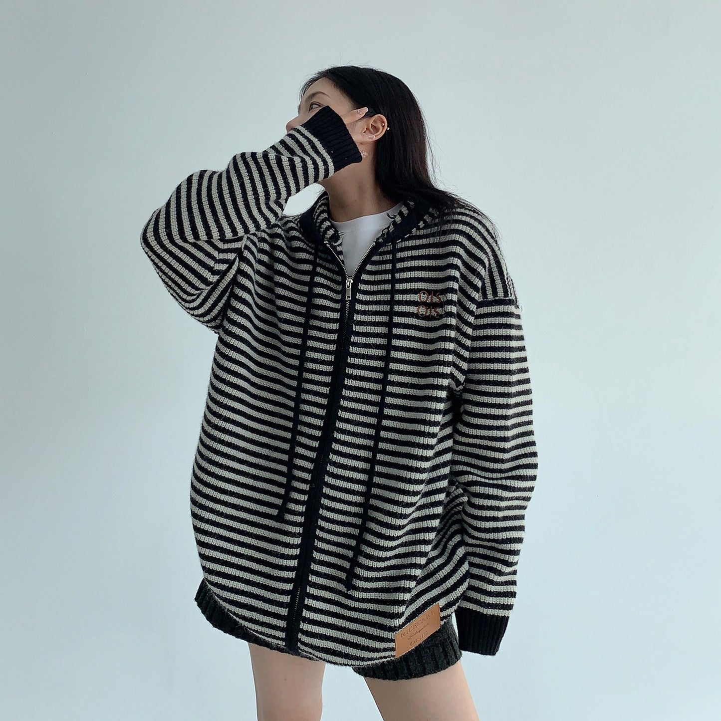 【トップス】ゆるレトロ感♡厚手ボーダーニットパーカー カーディガン レディース 冬の定番アイテム【FCシリーズ】