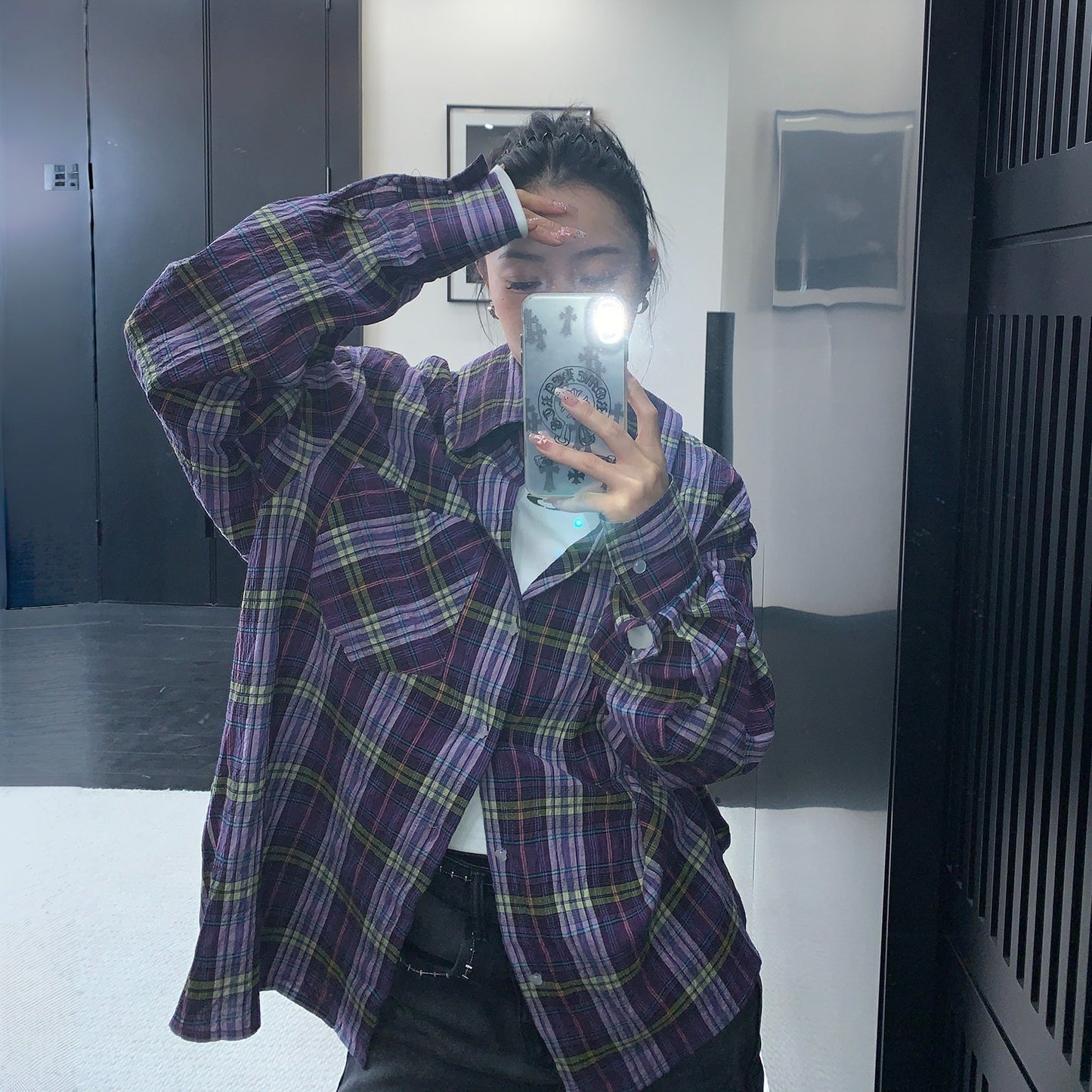 【トップス】こなれ感 バックリボン パープル チェック シャツ 【FCシリーズ】