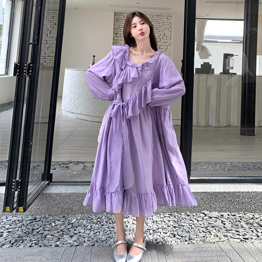 【ワンピース】パープル 超可愛い フリル 長袖ワンピース レディース 秋新作 デザイン感 優しい風 若見え ロングワンピ【JZシリーズ】