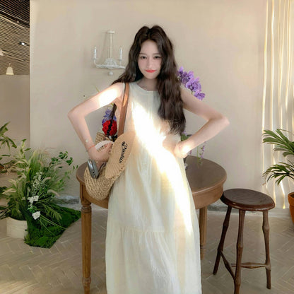【ワンピース】オフホワイト レース刺繍 ノースリーブ タンク シャツワンピース レディース 夏 フレンチ風 優しげ バカンス デート フェアリー ロングドレス【JZシリーズ】