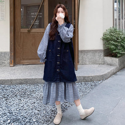 2点セット【セットアップ】韓国風 レトロ 学院スタイル デニム ジレワンピースセット レディース 2025年秋新作 チェック柄【SHシリーズ】