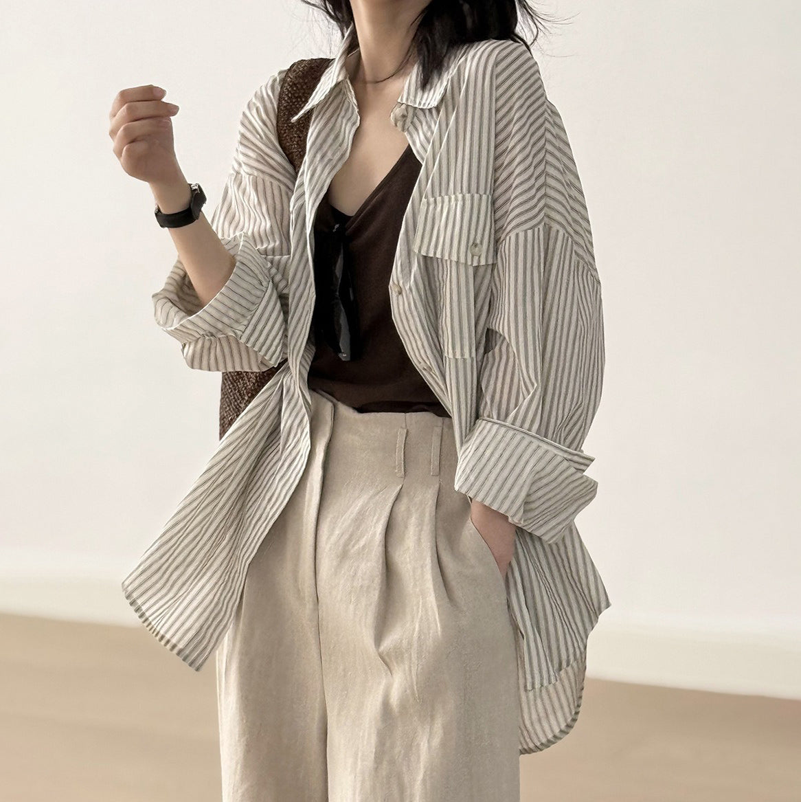 【トップス】カジュアル ヴィンテージ 夏 ゆったり 日焼け防止 ラフなストライプ 長袖シャツ【JZシリーズ】