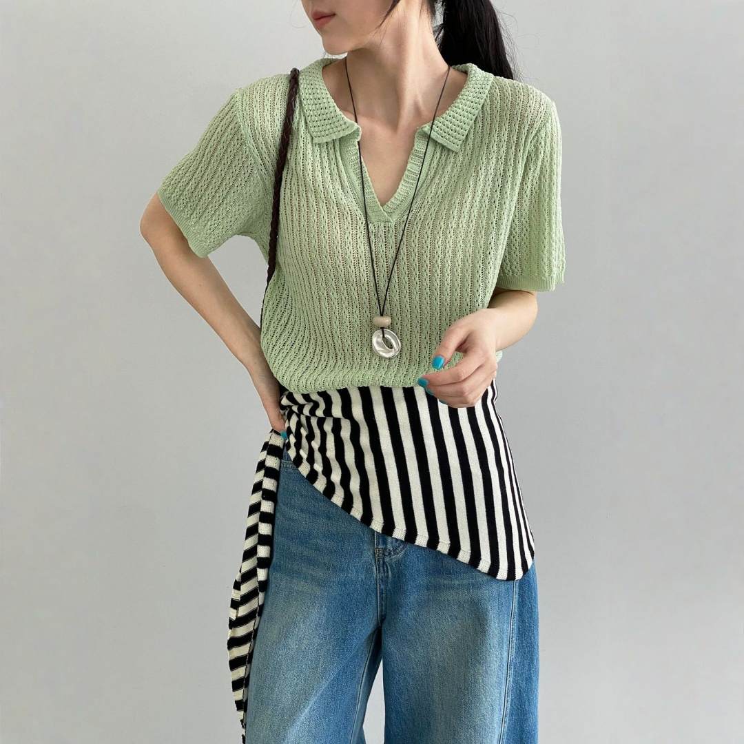 【トップス】襟付き 薄手 着回しやすい 接触冷感ニット Ｔシャツ 【JZシリーズ】