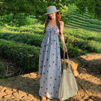 【ワンピース】リゾート風 ノースリーブ ドットワンピース レディース 夏 ベアトップ キャミソールワンピース 大人可愛い ビーチコーデ【SHシリーズ】