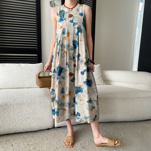 【ワンピース】ヴィンテージ 水墨画風 グラデーション ワンピース｜ノースリーブ ティアード ロング丈【SHシリーズ】