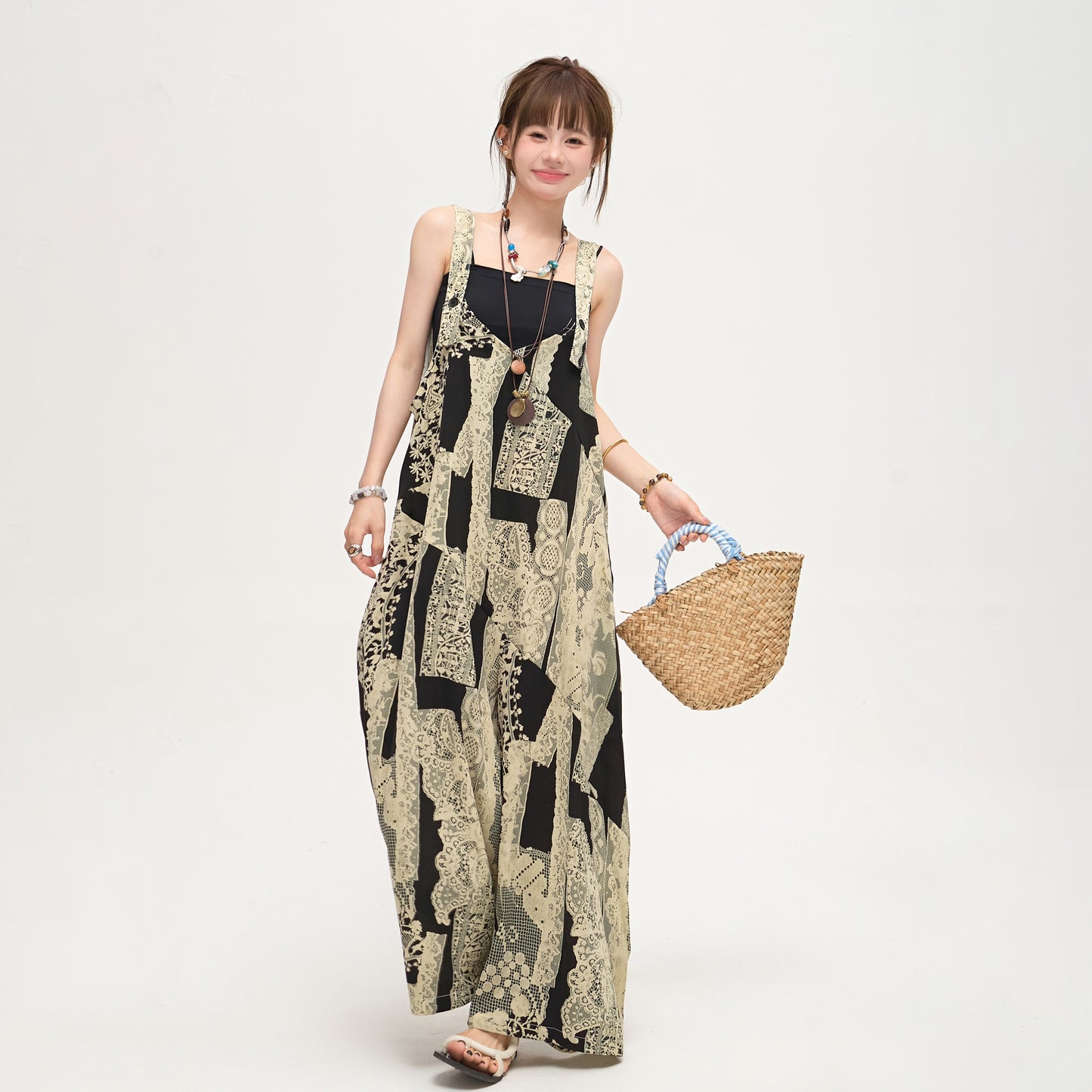 【ボトムス】ゆったりラフ感 オーバーサイズ サロペット 夏新作 アート水墨プリント ワイドパンツオールインワン【SHシリーズ】