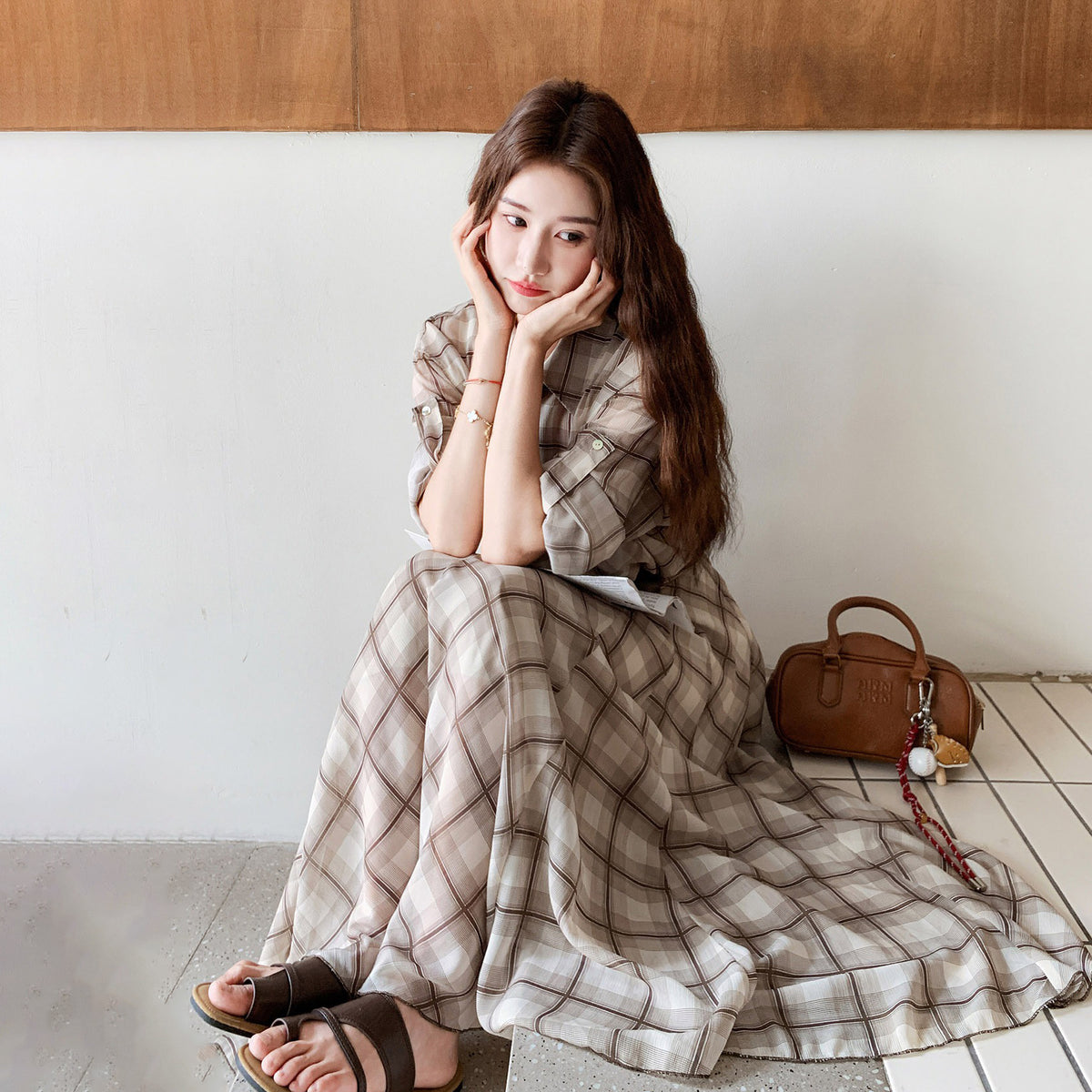 2点セット！【セットアップ】韓国風 チェックシャツスカート上下セット レディース レイヤード風 きれいめカジュアル 秋服【JZシリーズ】